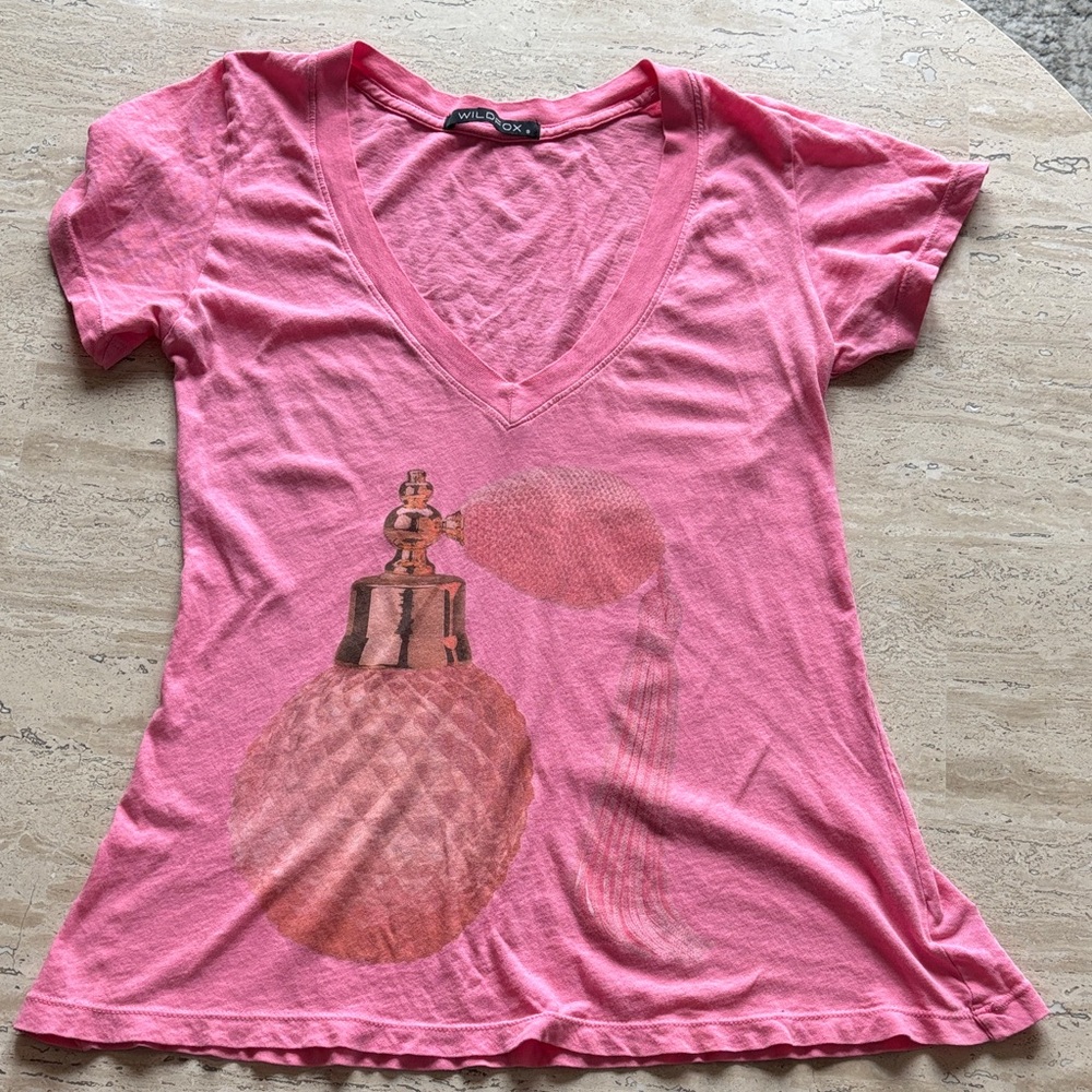 Wildfox Pink Perfume Graphic V-Neck Tee